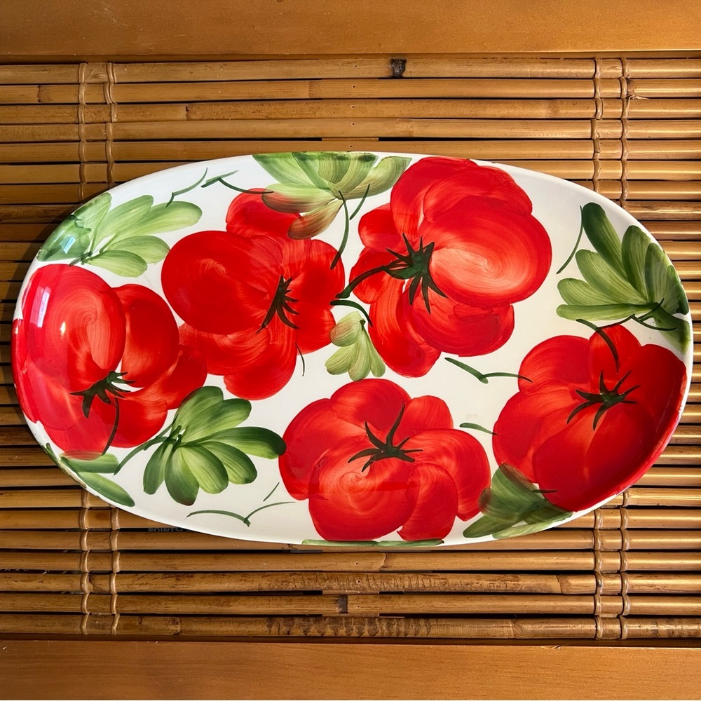 SOLD Vibrant Hand-Painted Ceramic Oval Platter 13", Red Tomatoes, Made in Italy - Picture 3 of 15